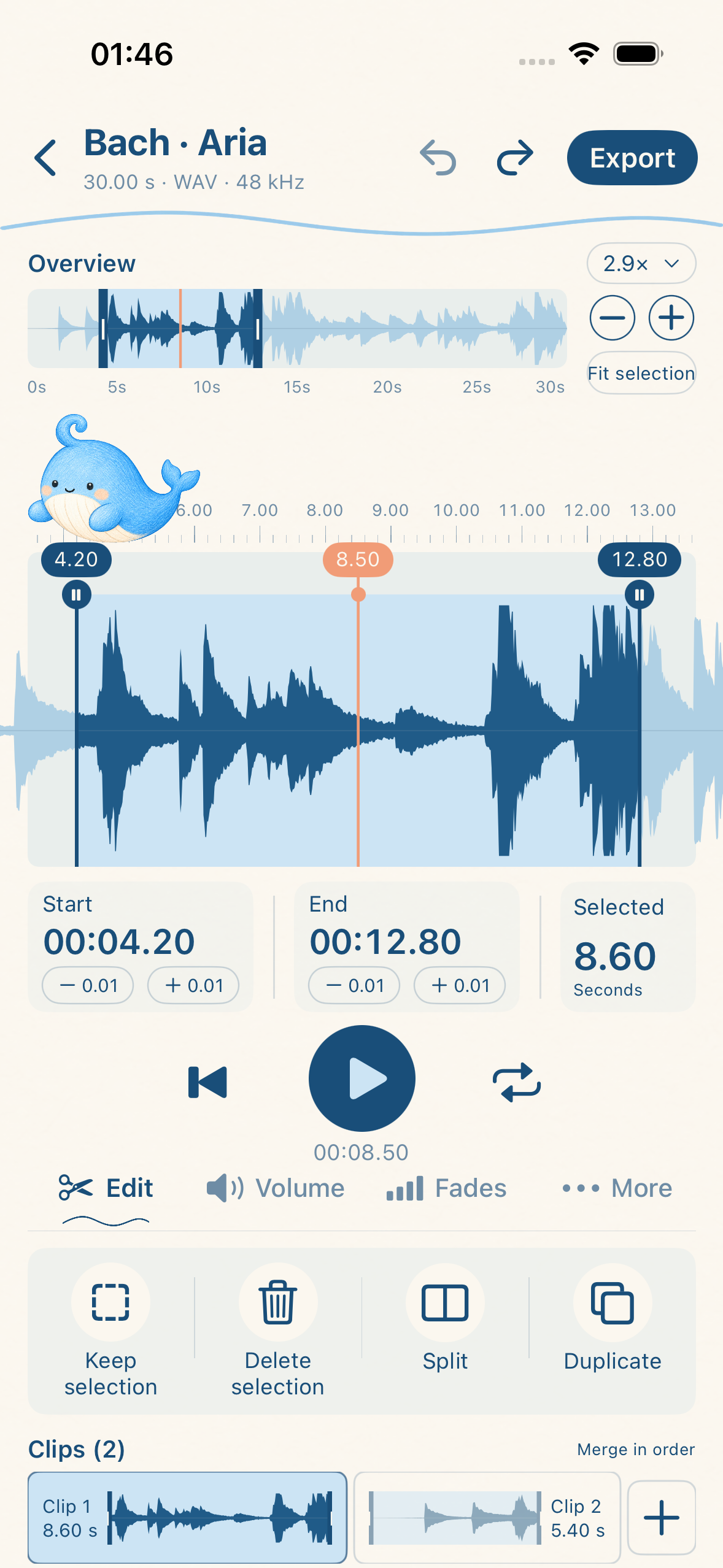Actual WaveWhale editor with waveform, selection, editing tools and clips